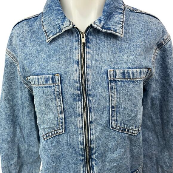 MNG Women's Blue Zip Up Collar Long Sleeve Medium Wash Jeans Denim Coat Jacket S - Picture 7 of 12